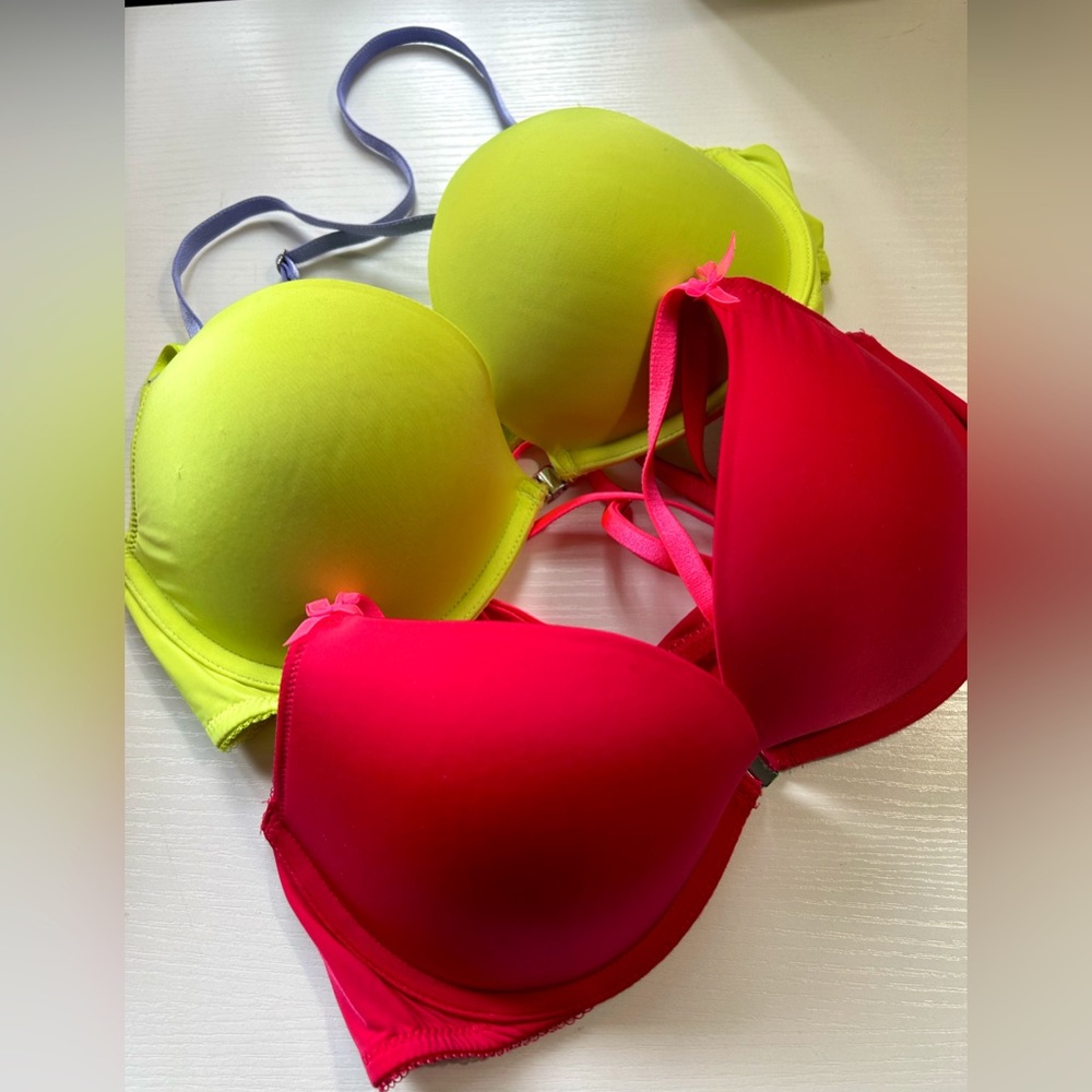 NWOT Victoria’s Secret two push up bras. neon yellow and pink Sz 34C